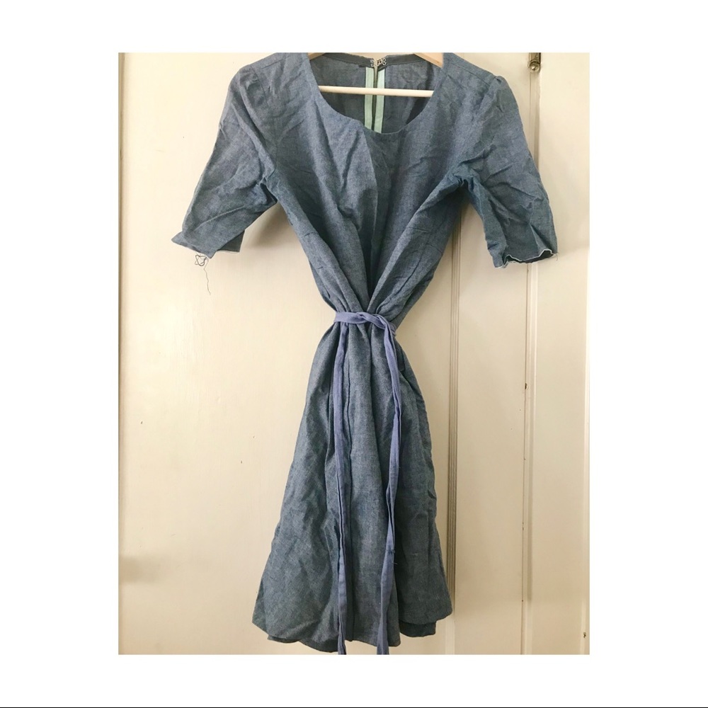 Sz L Vintage HANDMADE boxy chambray denim dress
